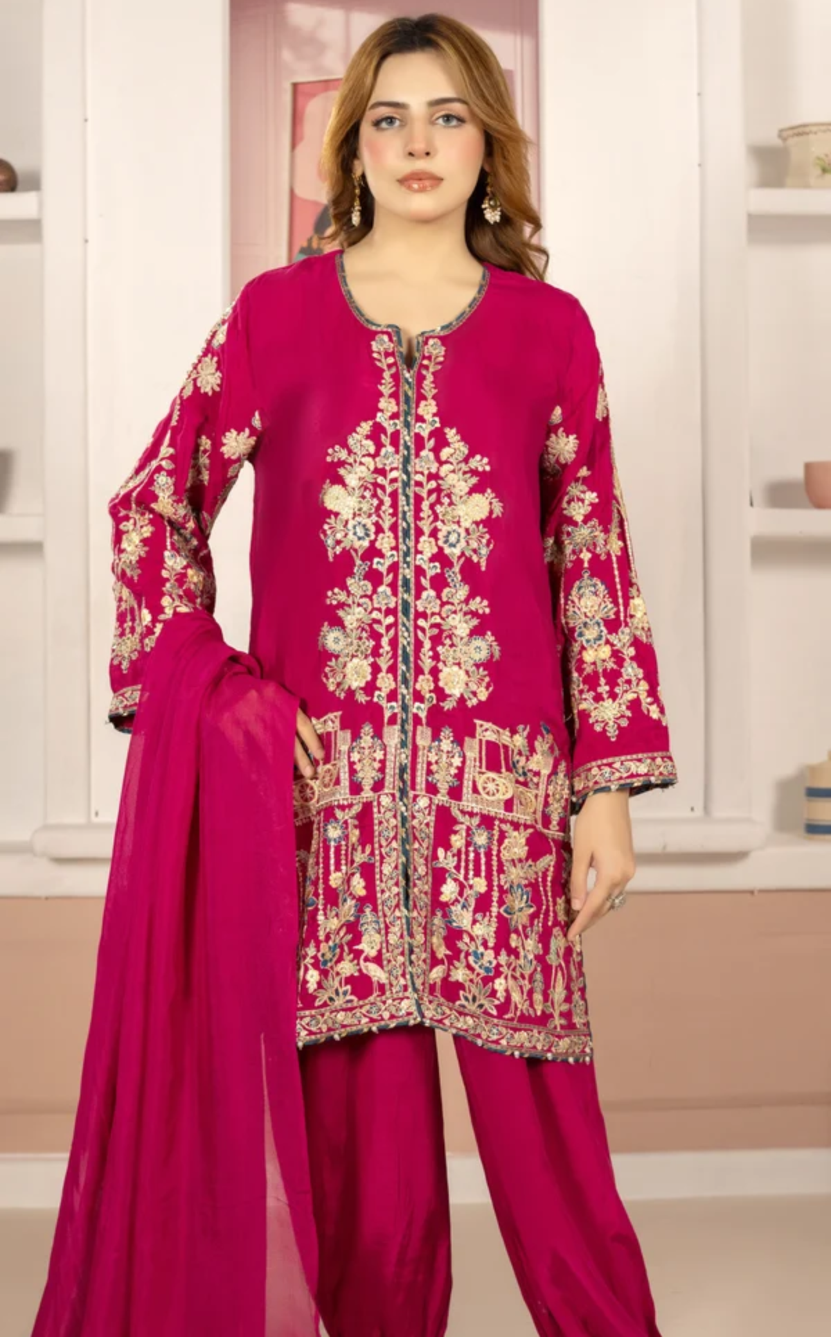 Pink Golden Embroidered 3-Piece Suit