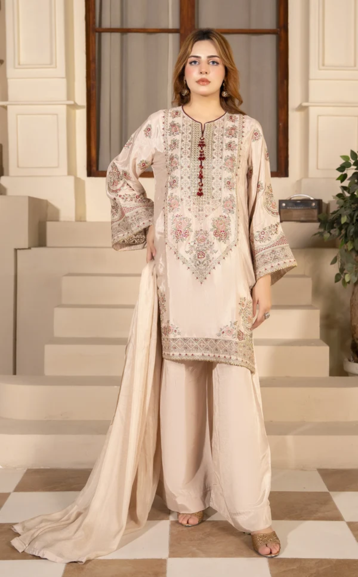 Beige Embroidered 3-Piece Eastern Suit