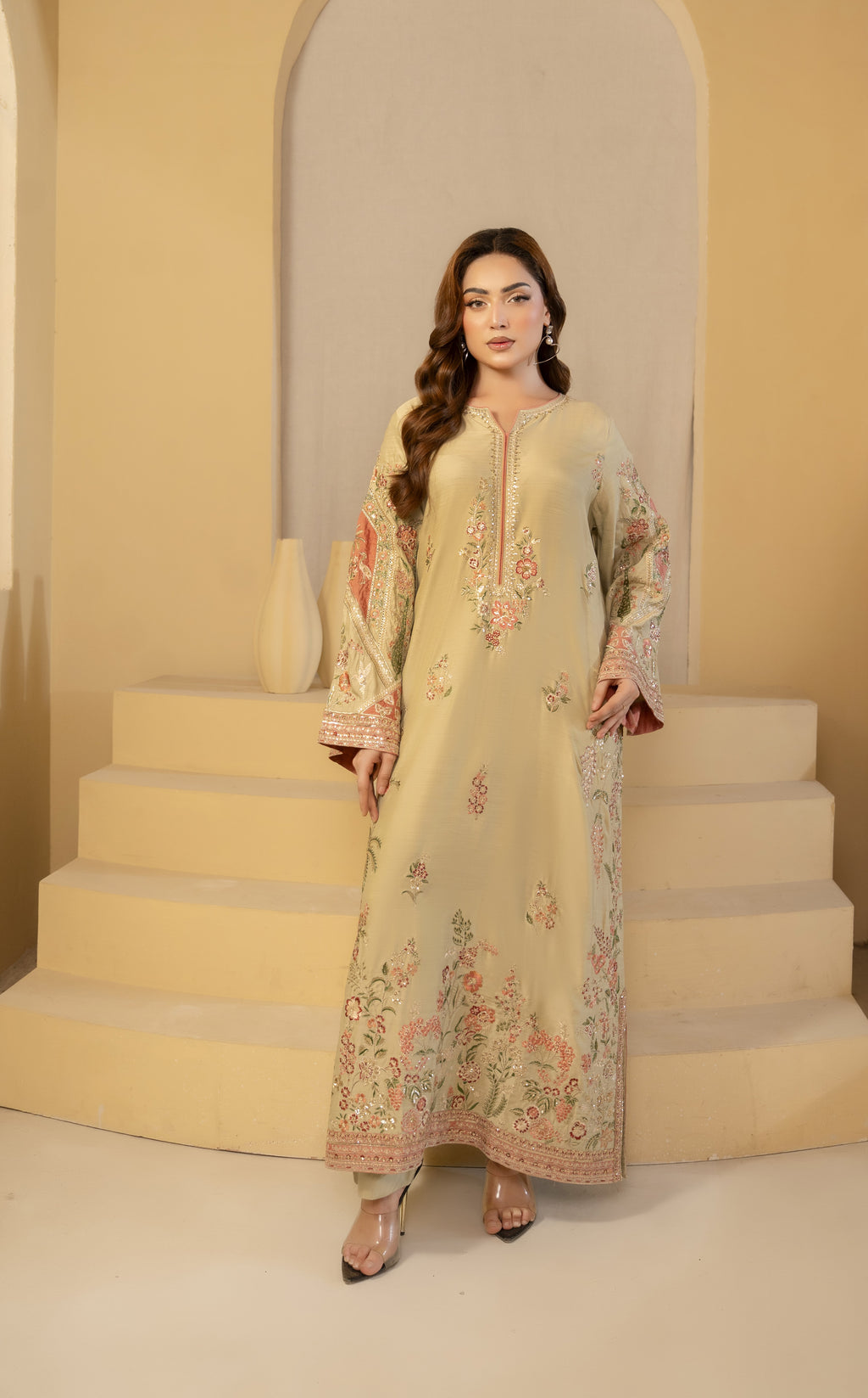 Beige Floral Embroidered Kaftan
