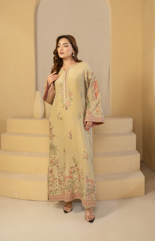 Beige Floral Embroidered Kaftan