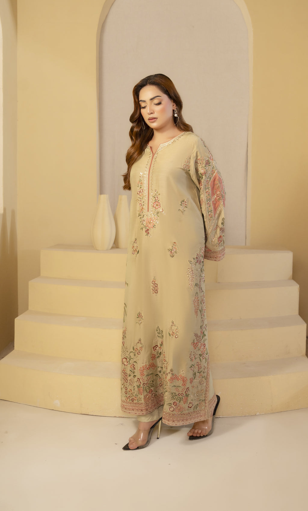 Beige Floral Embroidered Kaftan