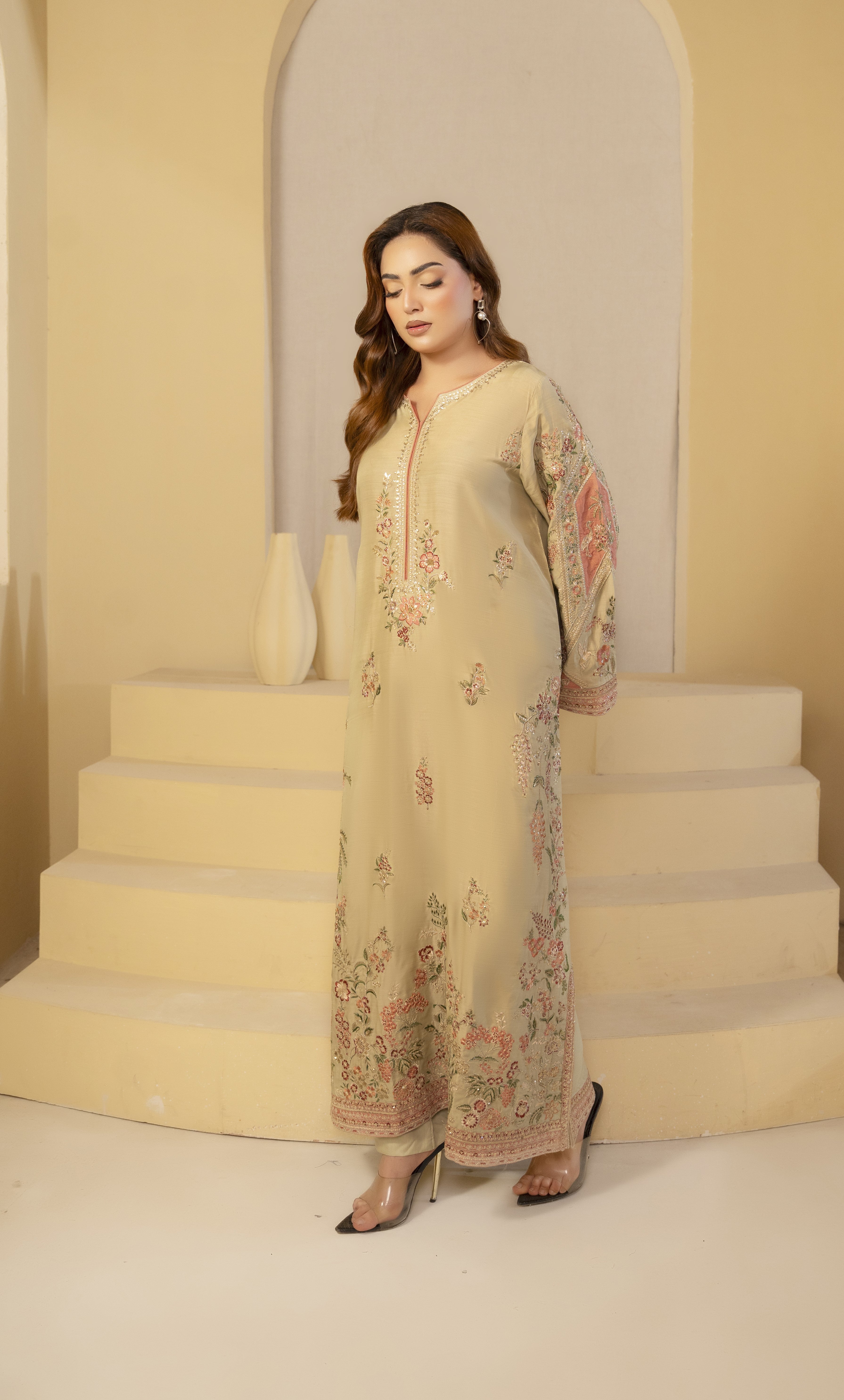 Beige Floral Embroidered Kaftan