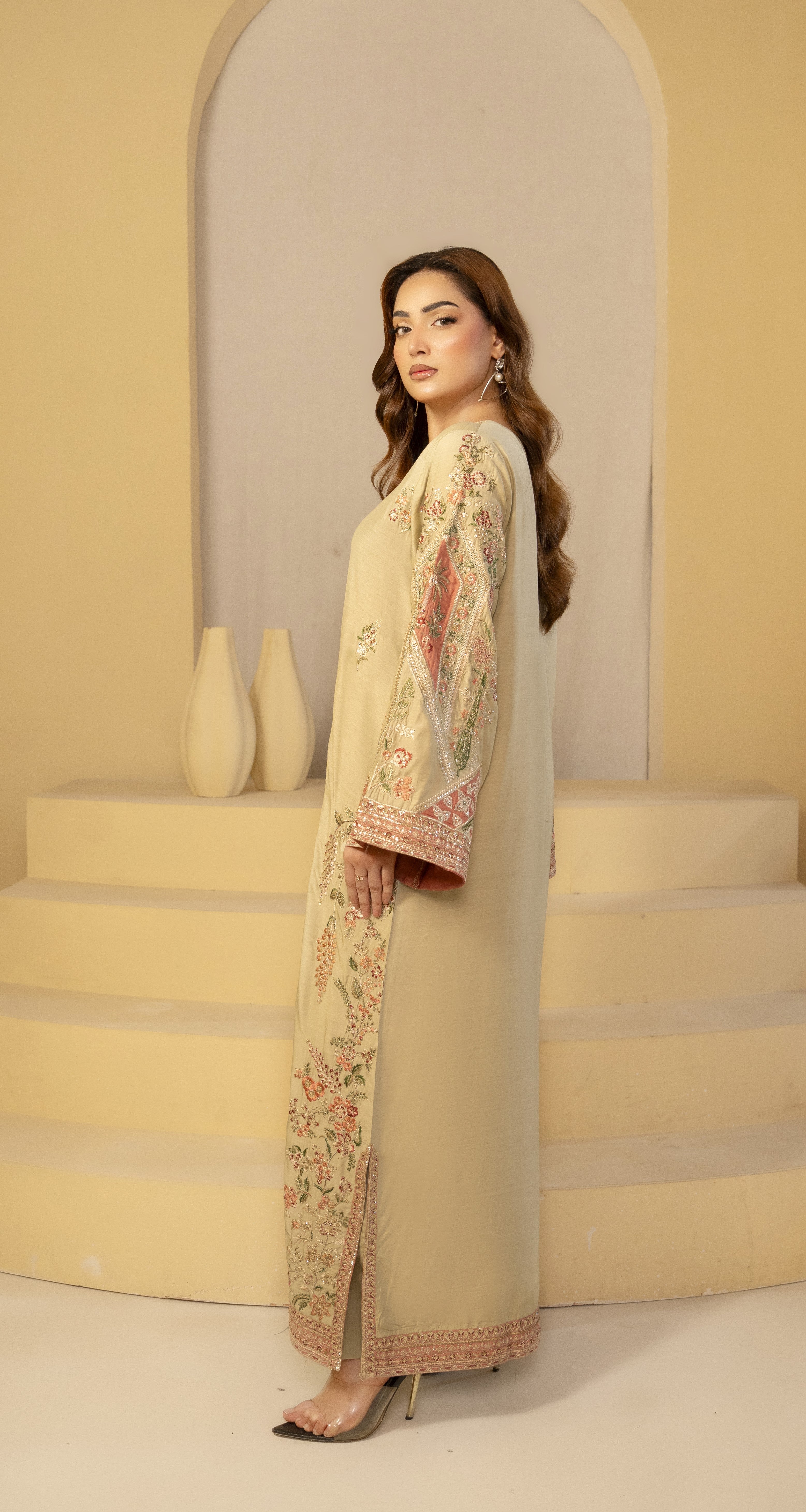 Beige Floral Embroidered Kaftan