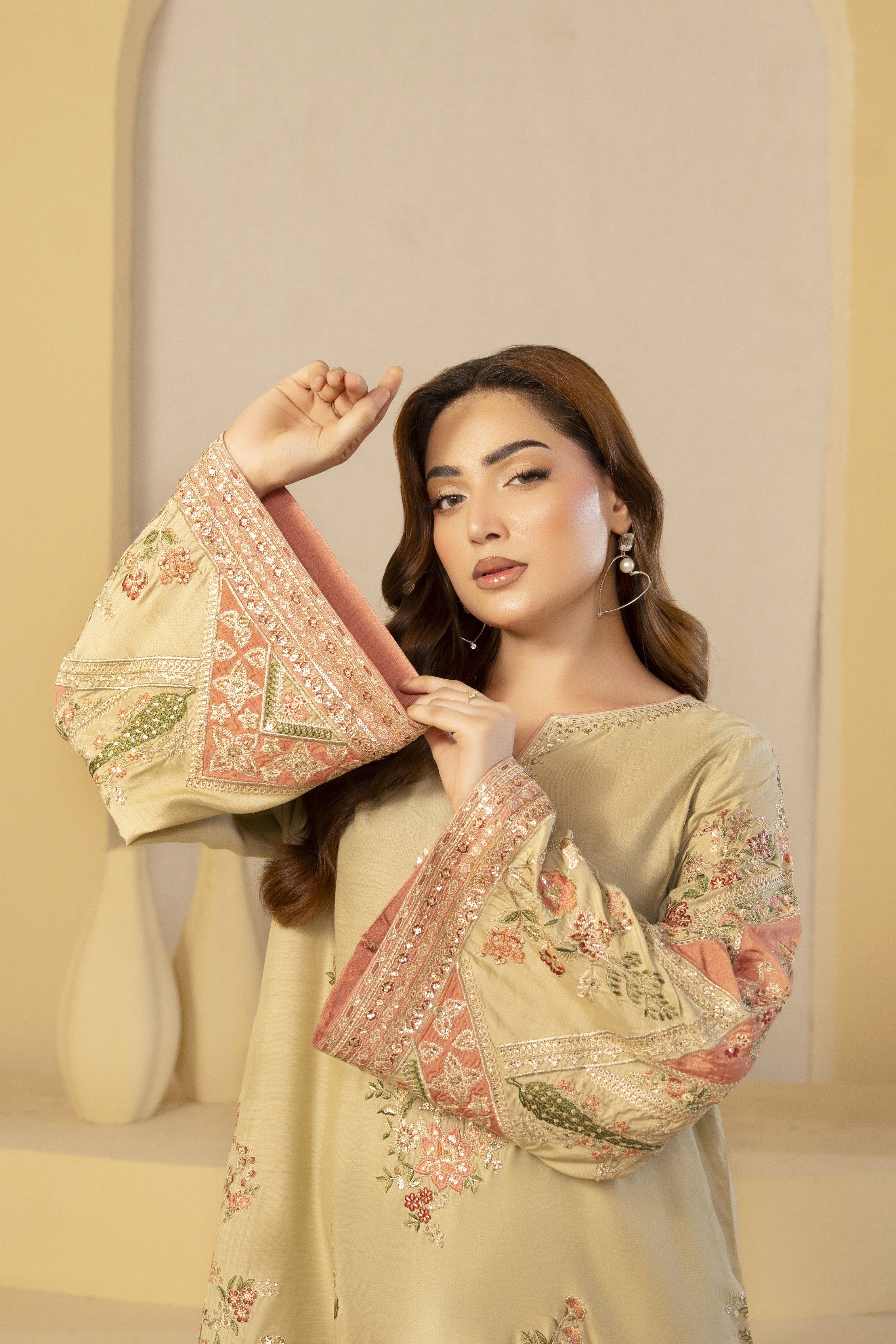Beige Floral Embroidered Kaftan