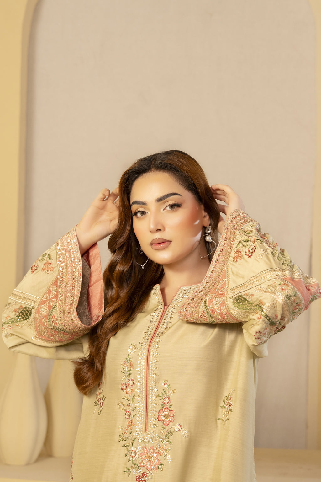 Beige Floral Embroidered Kaftan