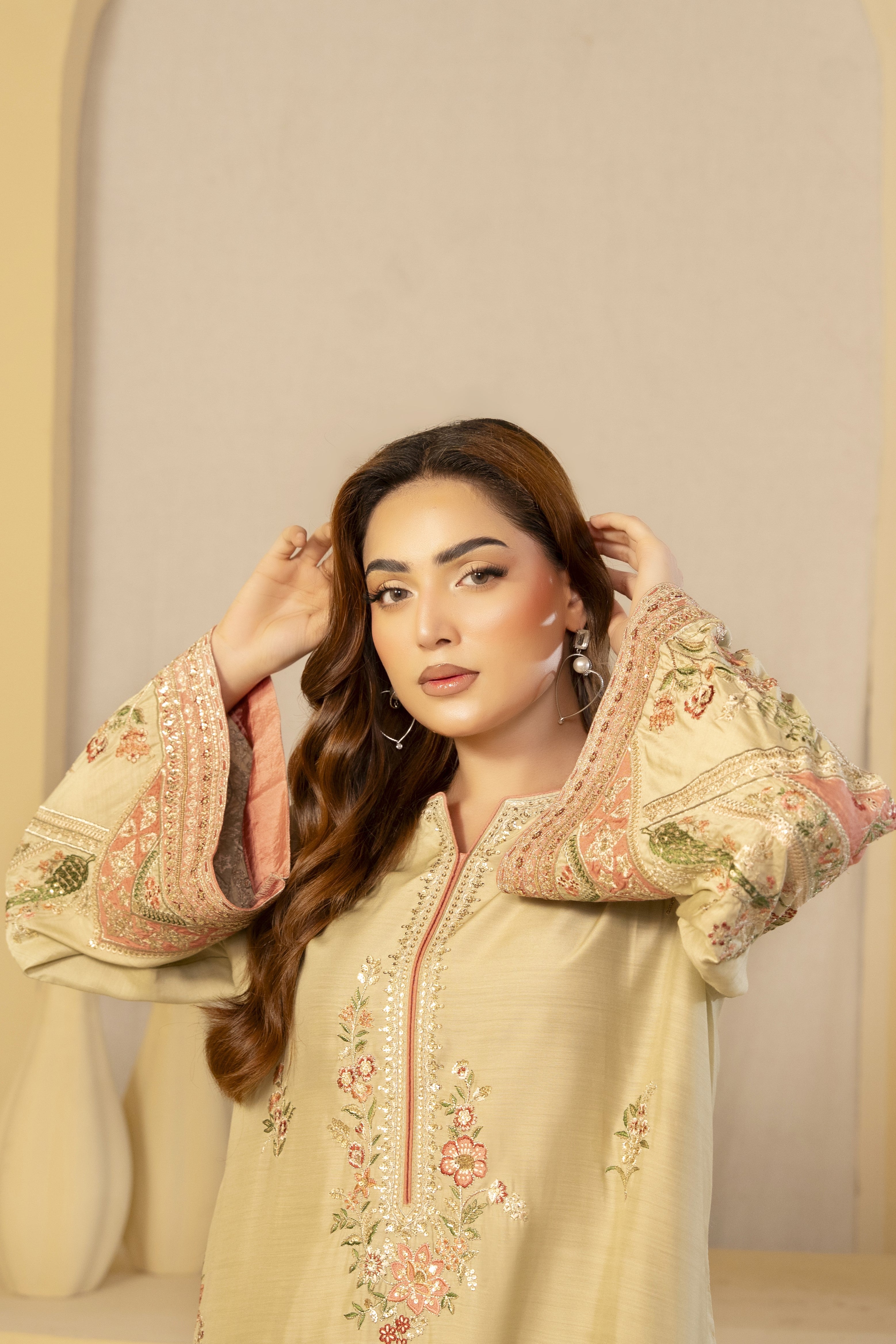 Beige Floral Embroidered Kaftan