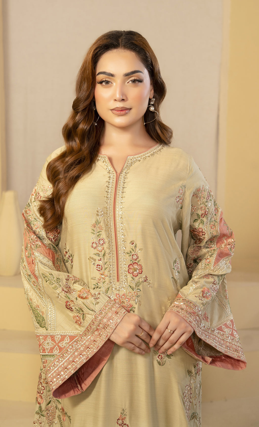 Beige Floral Embroidered Kaftan