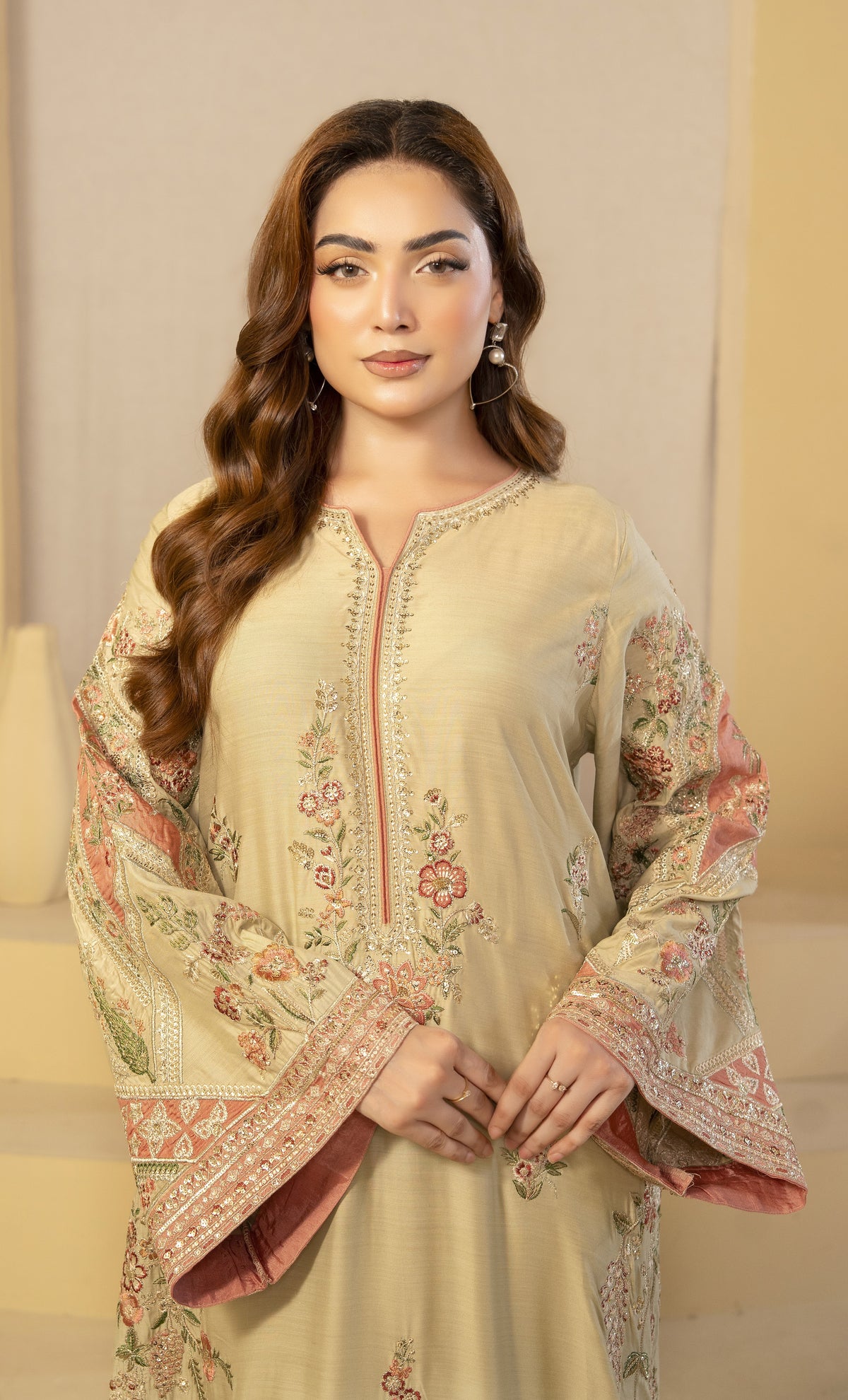 Beige Floral Embroidered Kaftan