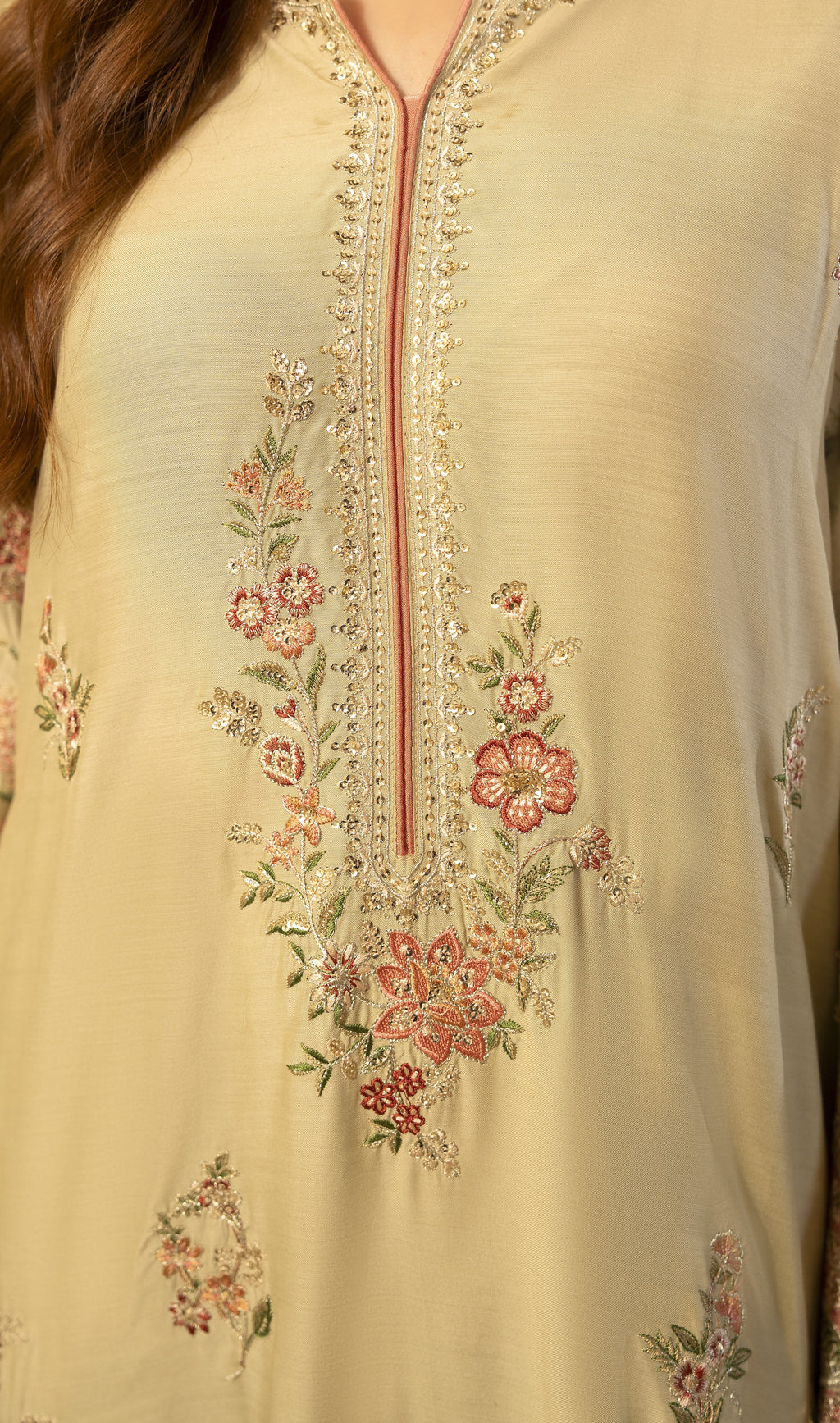 Beige Floral Embroidered Kaftan