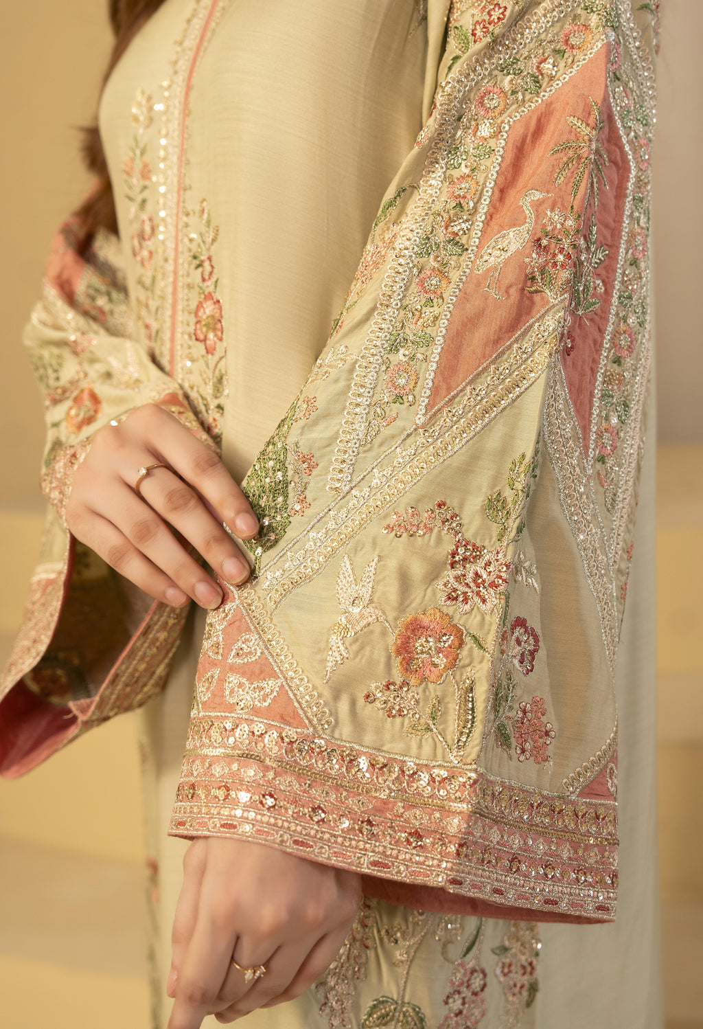 Beige Floral Embroidered Kaftan