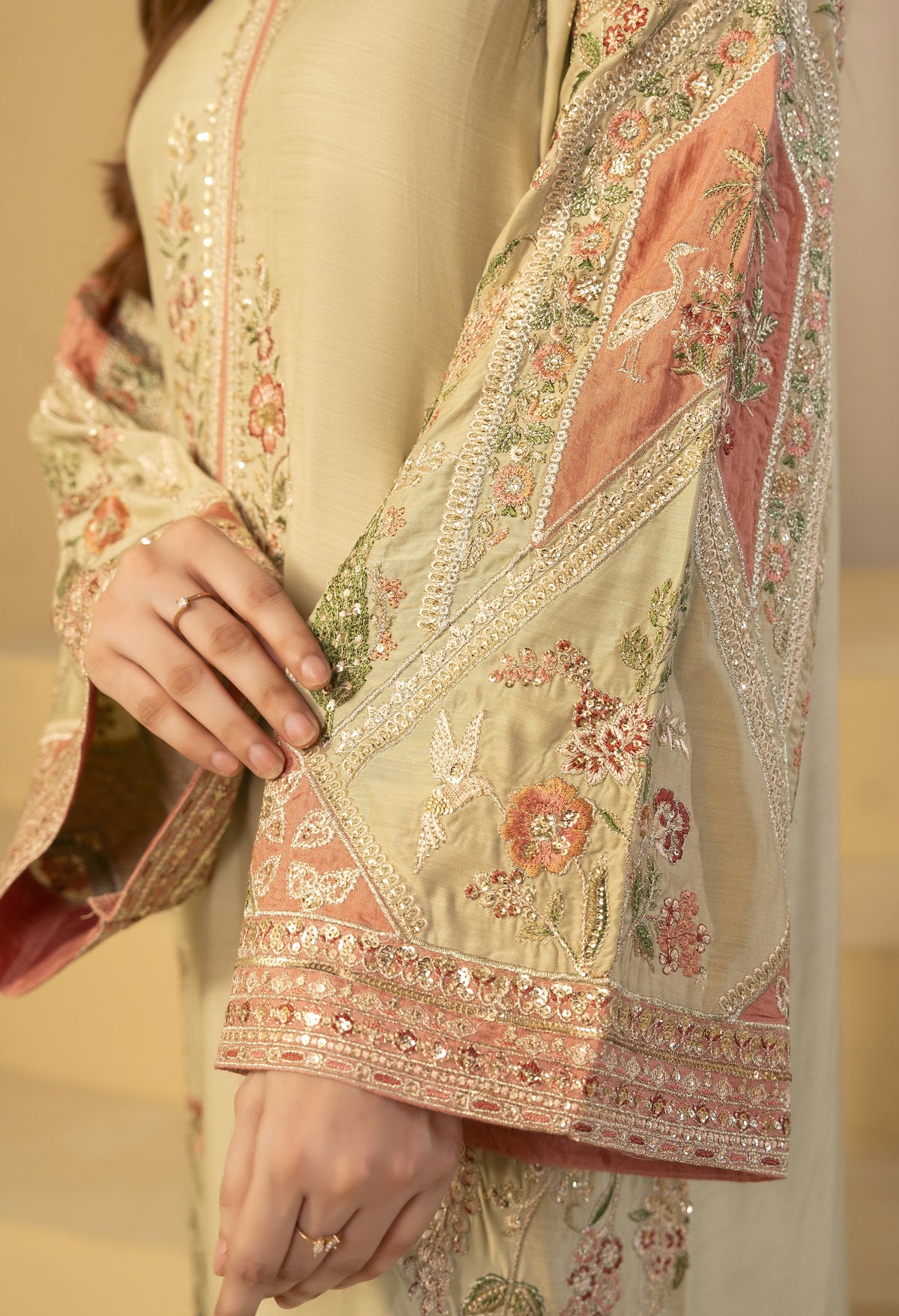 Beige Floral Embroidered Kaftan