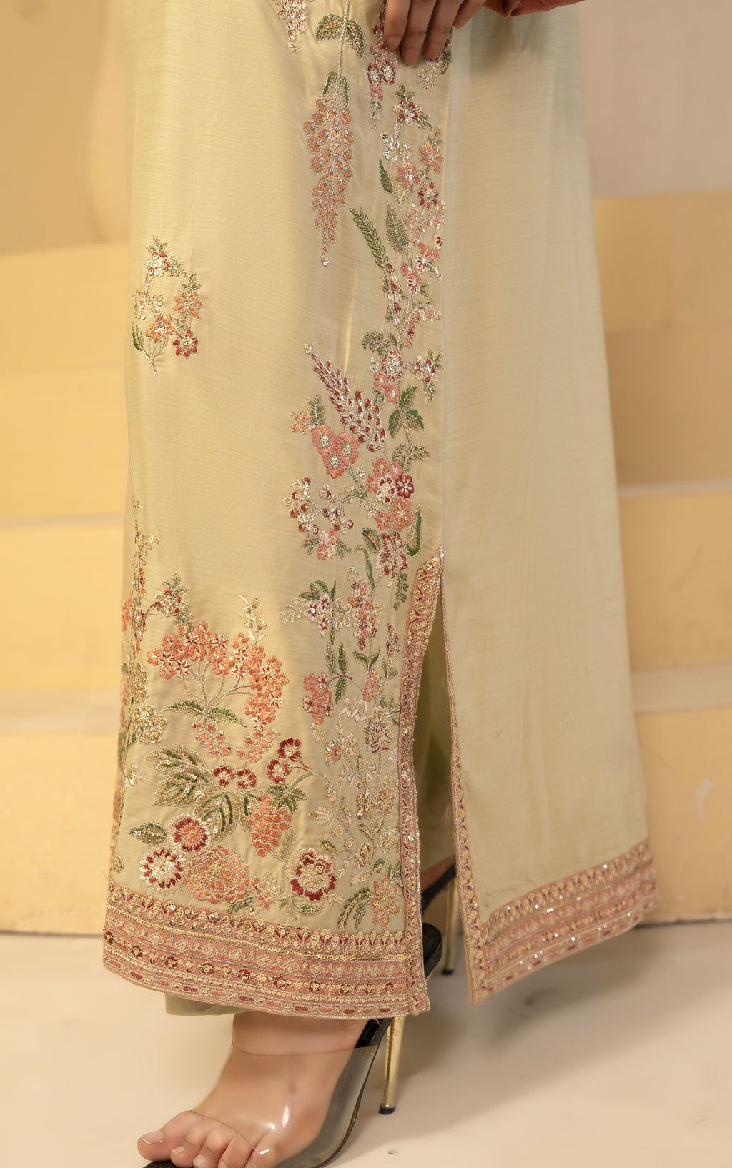 Beige Floral Embroidered Kaftan