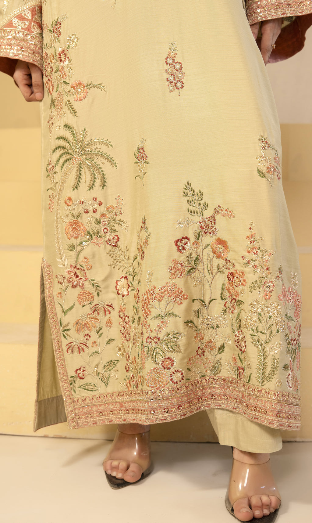 Beige Floral Embroidered Kaftan