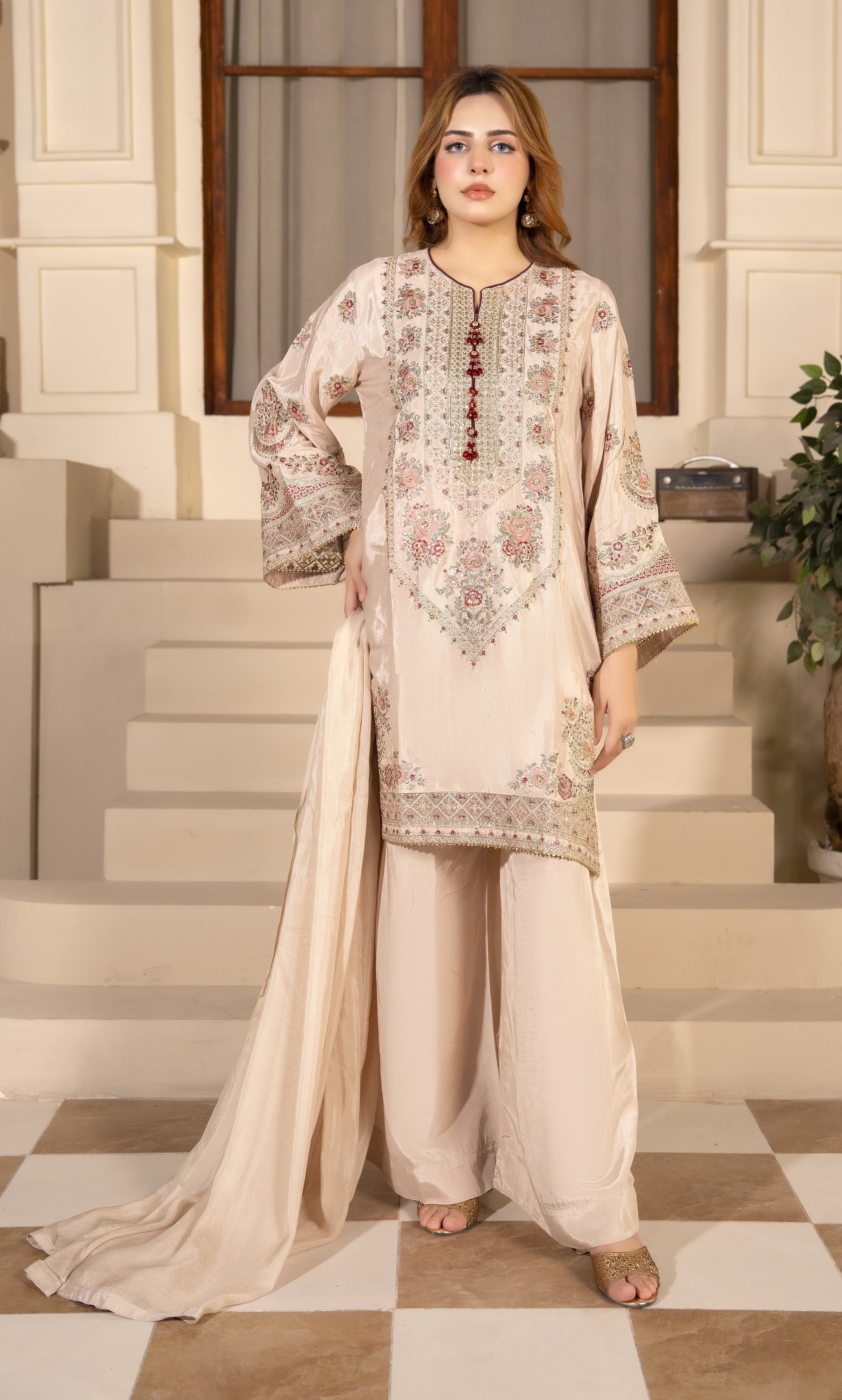 Beige Embroidered 3-Piece Eastern Suit