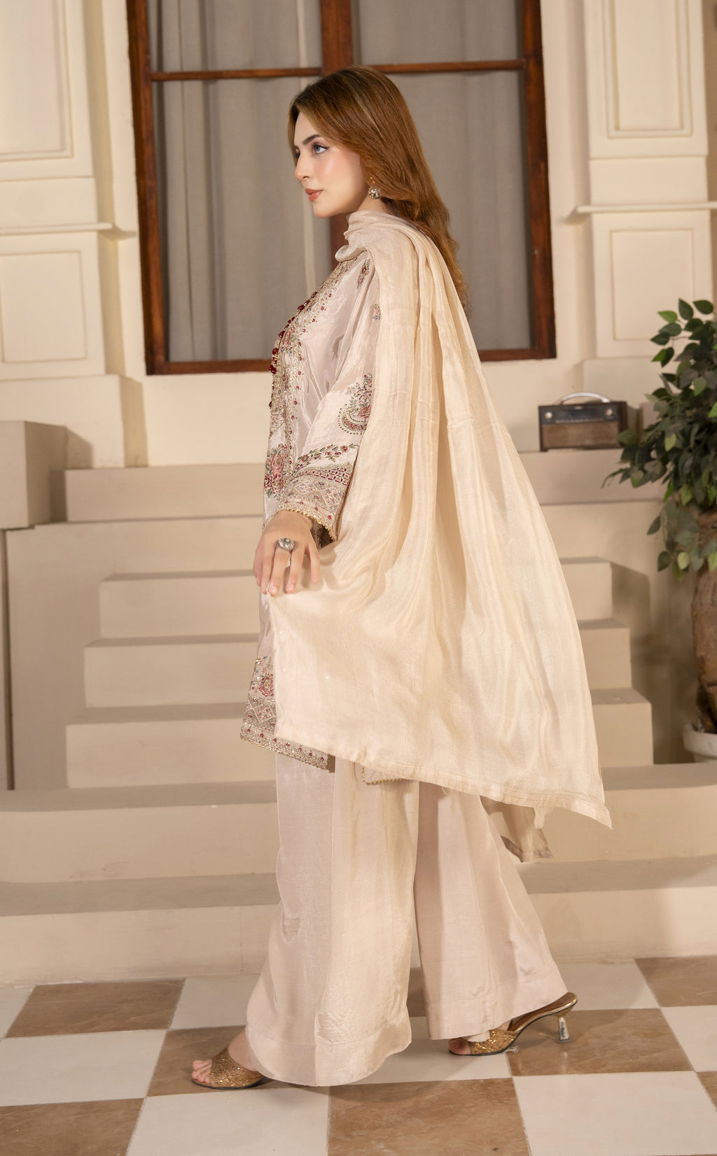 Beige Embroidered 3-Piece Eastern Suit
