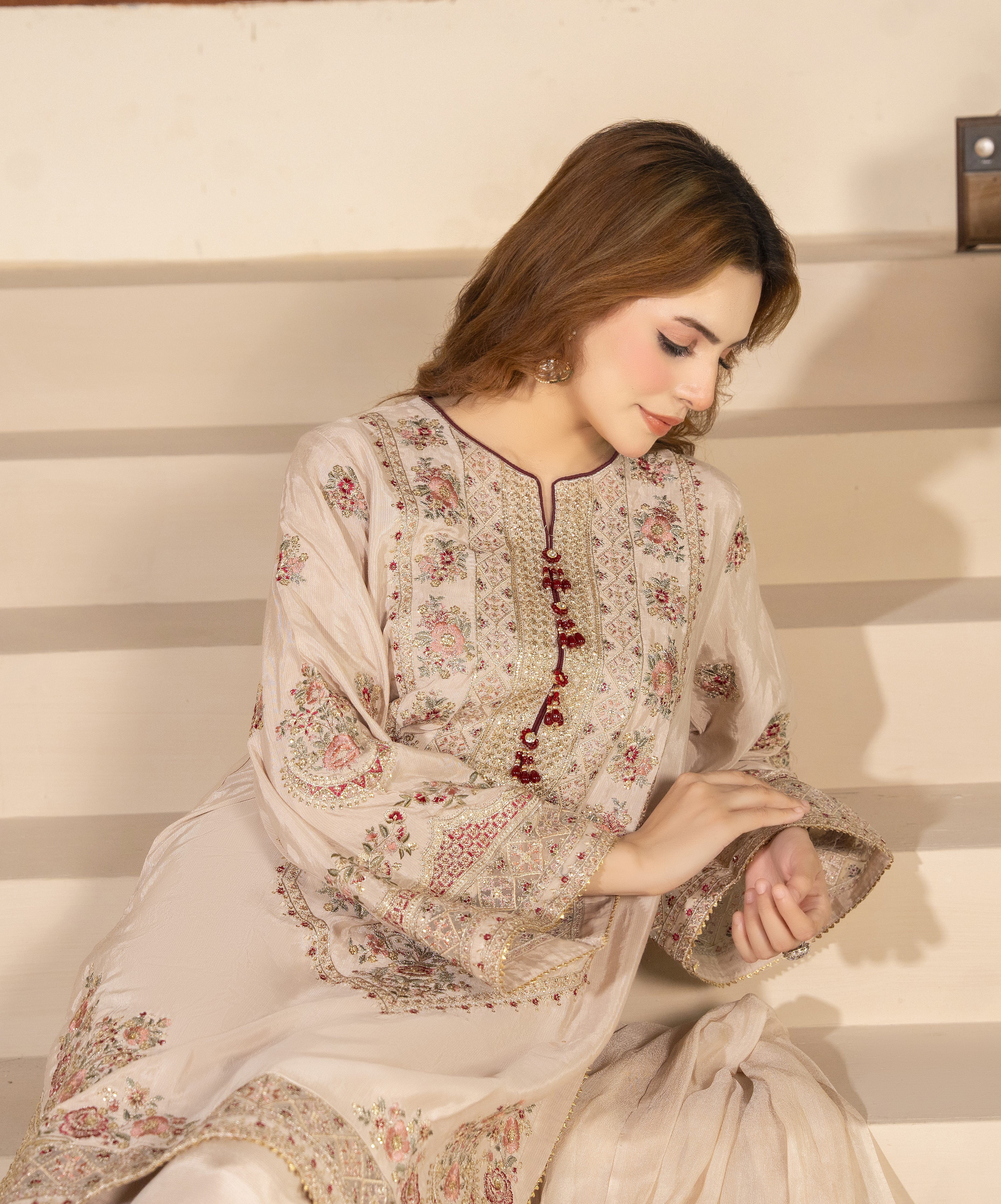 Beige Embroidered 3-Piece Eastern Suit