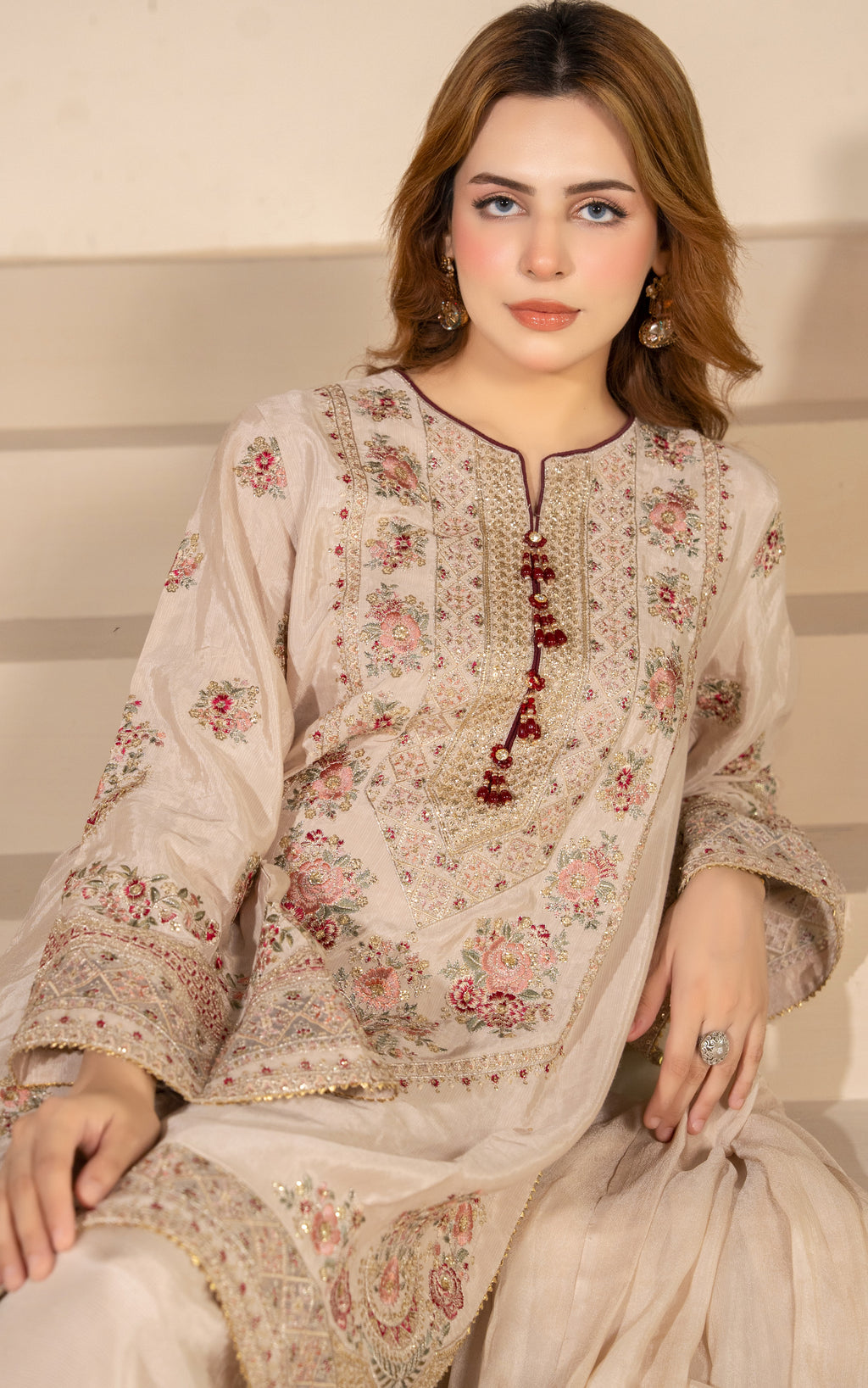 Beige Embroidered 3-Piece Eastern Suit