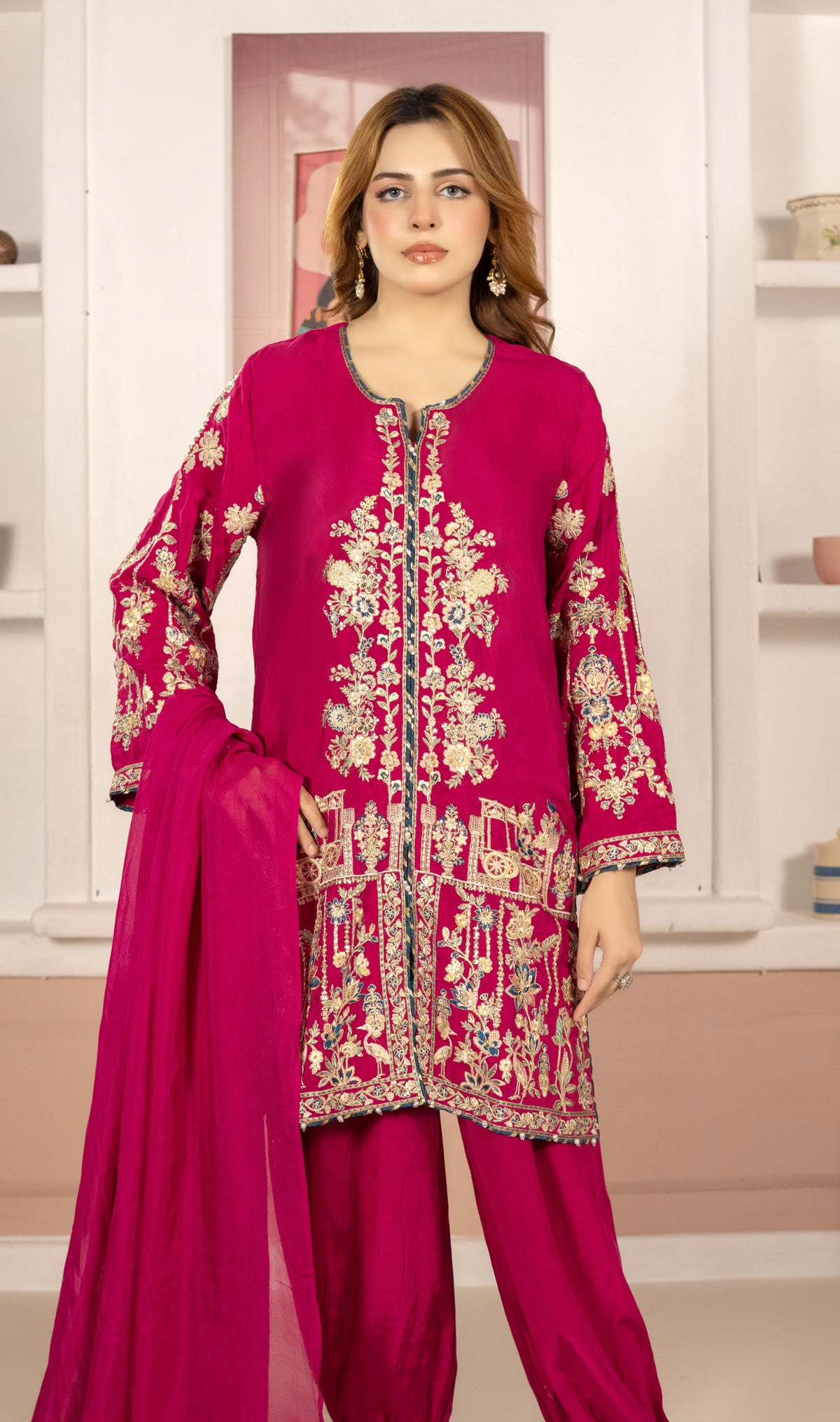 Pink Golden Embroidered 3-Piece Suit