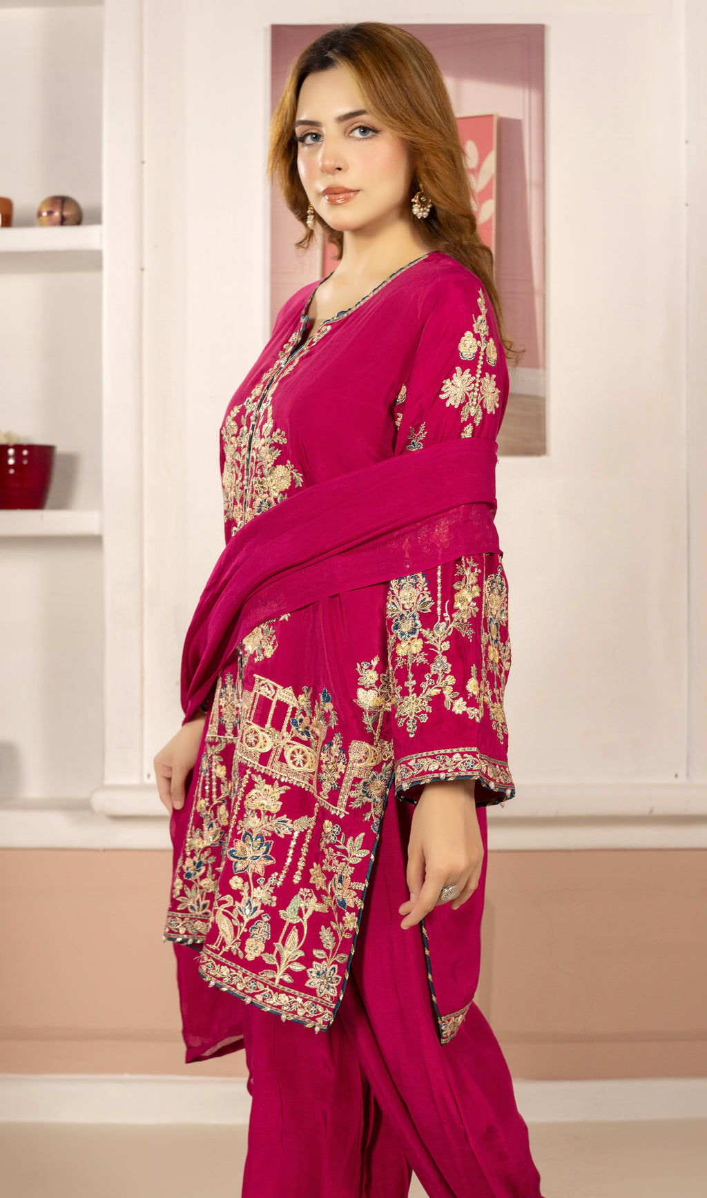 Pink Golden Embroidered 3-Piece Suit