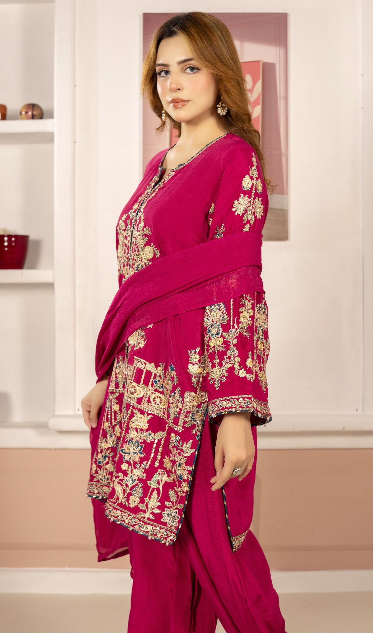 Pink Golden Embroidered 3-Piece Suit