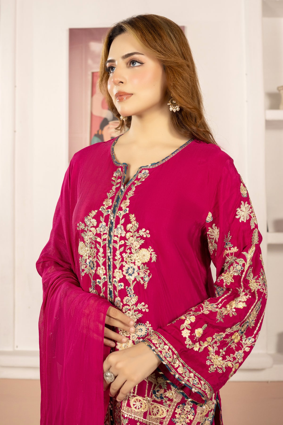 Pink Golden Embroidered 3-Piece Suit