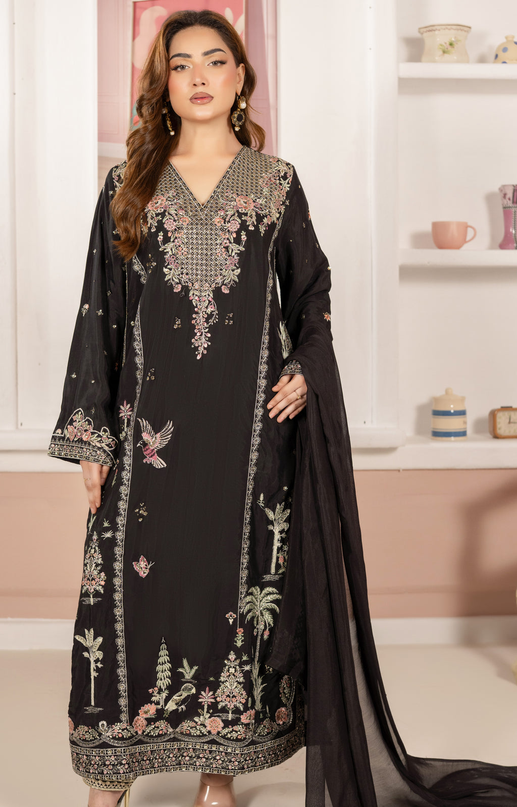 Black Floral & Bird Embroidered 3-Piece Lawn Suit
