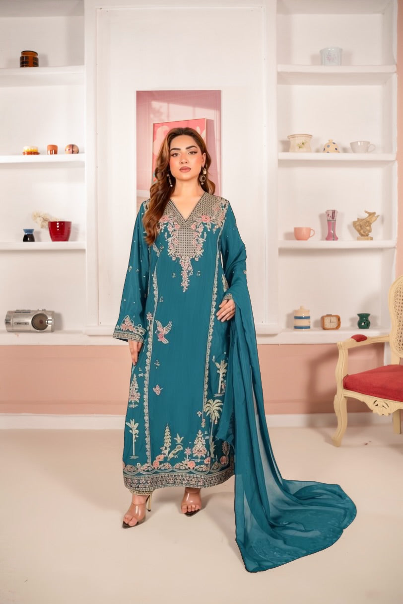 Black Floral & Bird Embroidered 3-Piece Lawn Suit