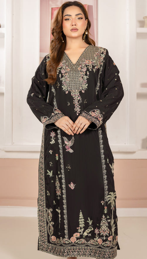 Black Floral & Bird Embroidered 3-Piece Lawn Suit