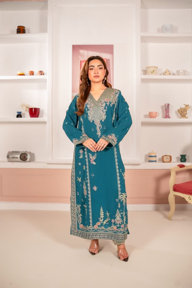 Black Floral & Bird Embroidered 3-Piece Lawn Suit