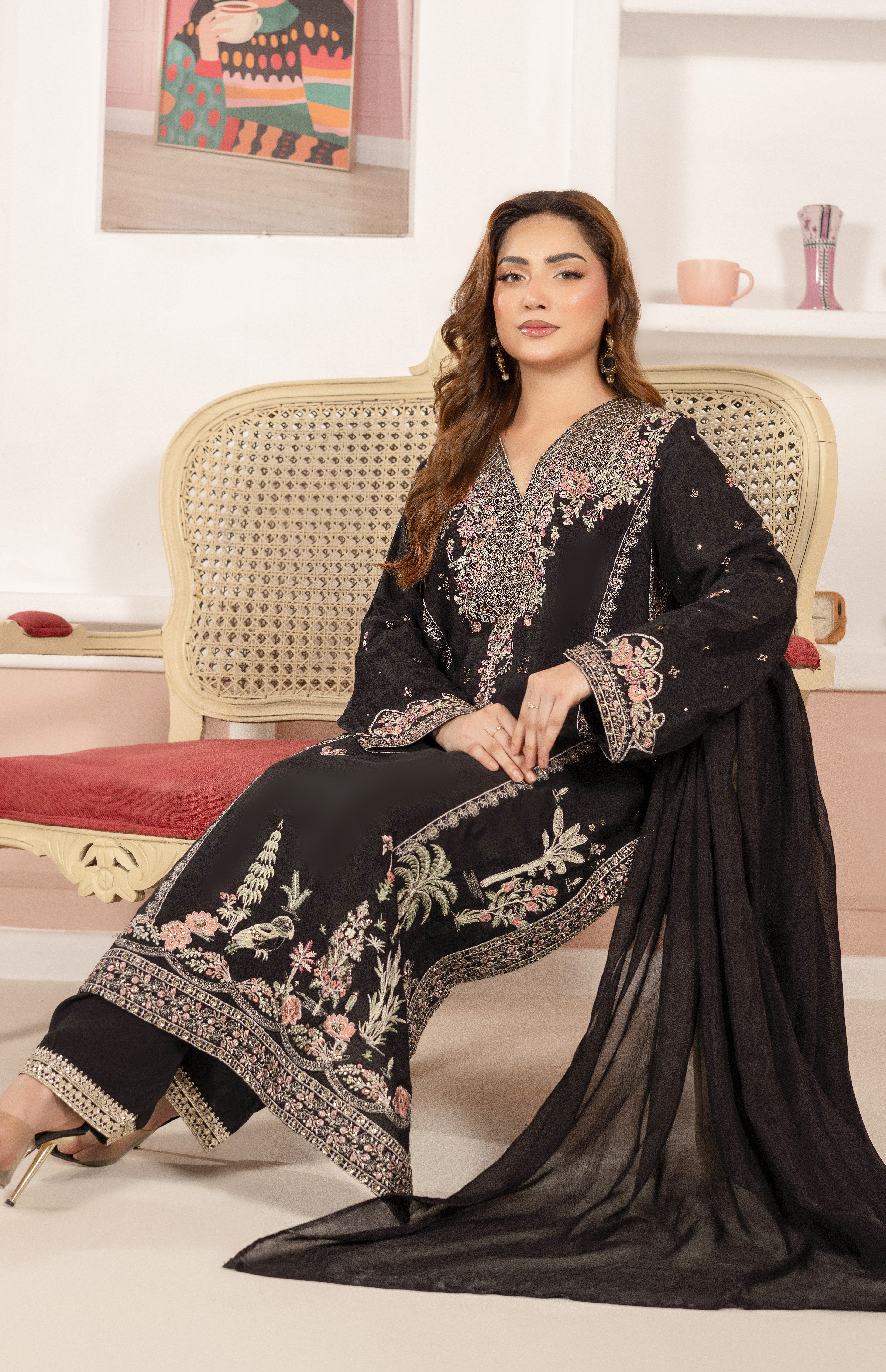 Black Floral & Bird Embroidered 3-Piece Lawn Suit