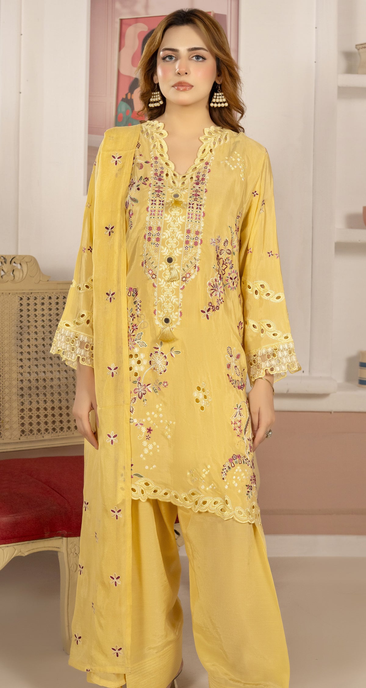 Mustard Yellow Embroidered 3-Piece Lawn Suit