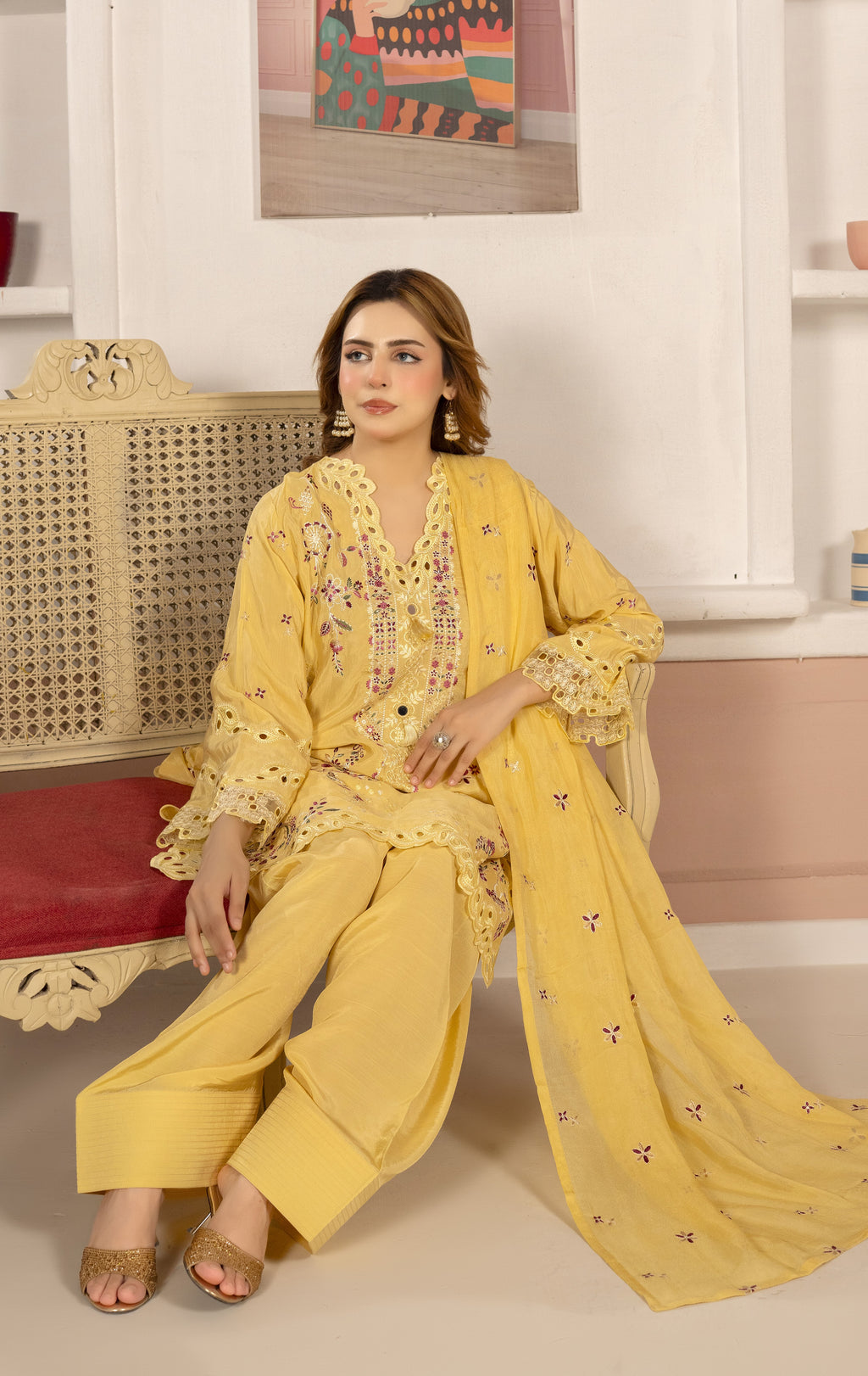 Mustard Yellow Embroidered 3-Piece Lawn Suit