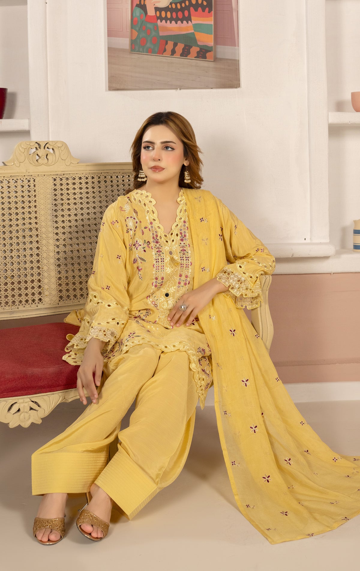 Mustard Yellow Embroidered 3-Piece Lawn Suit