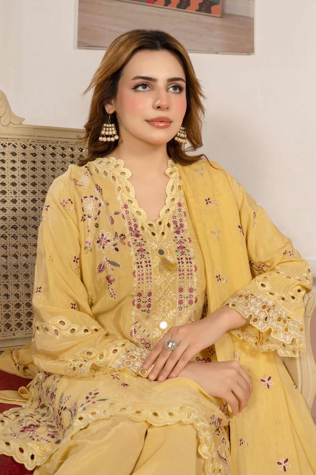 Mustard Yellow Embroidered 3-Piece Lawn Suit