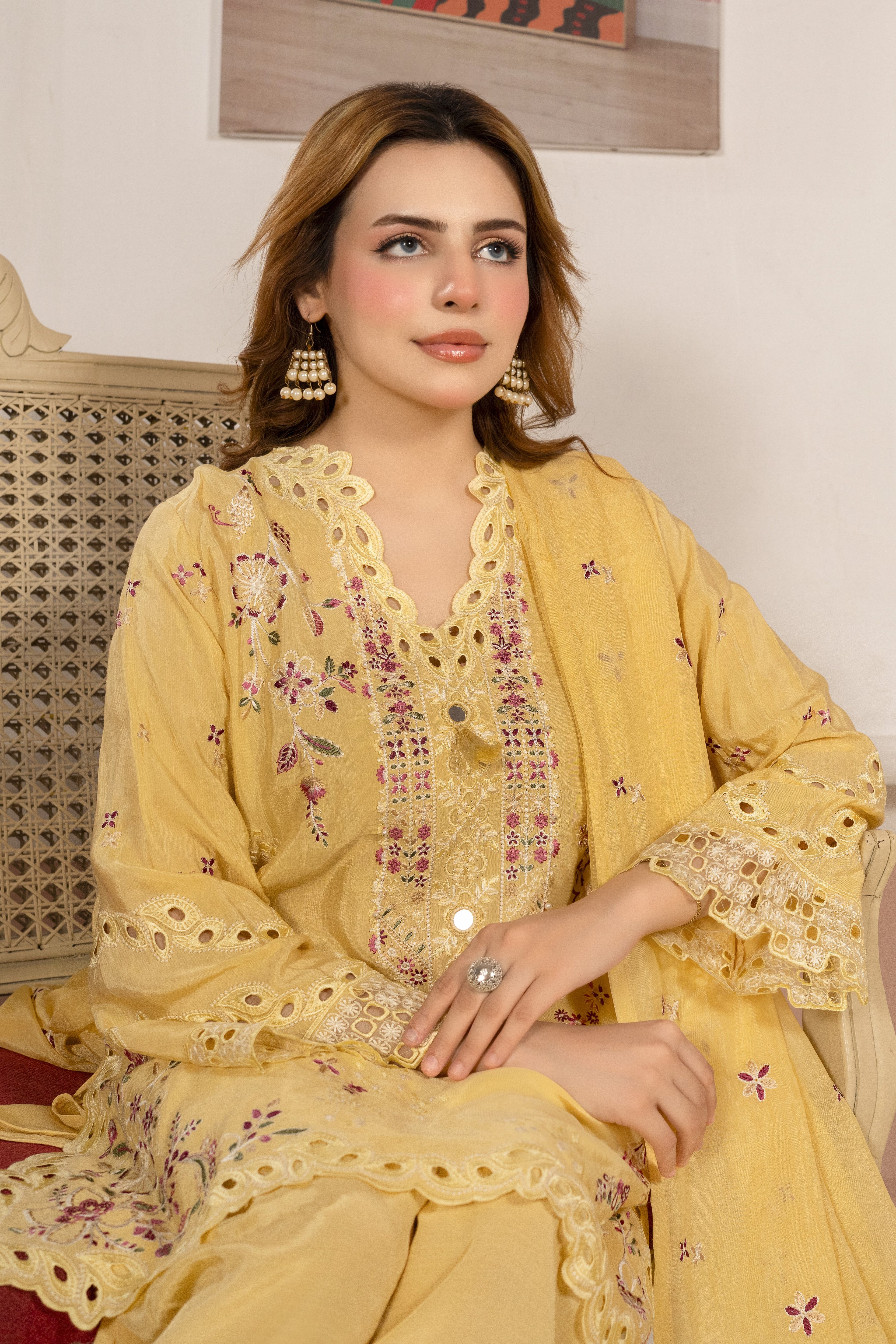 Mustard Yellow Embroidered 3-Piece Lawn Suit