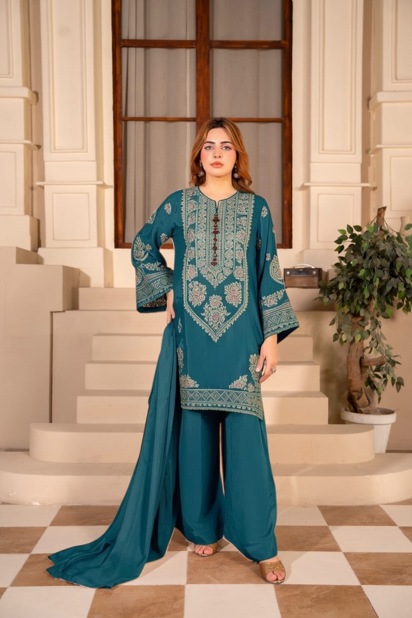 Beige Embroidered 3-Piece Eastern Suit