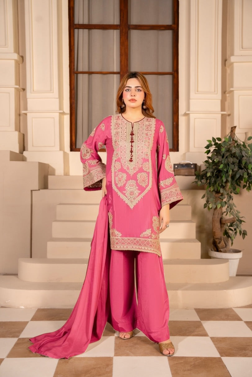 Beige Embroidered 3-Piece Eastern Suit
