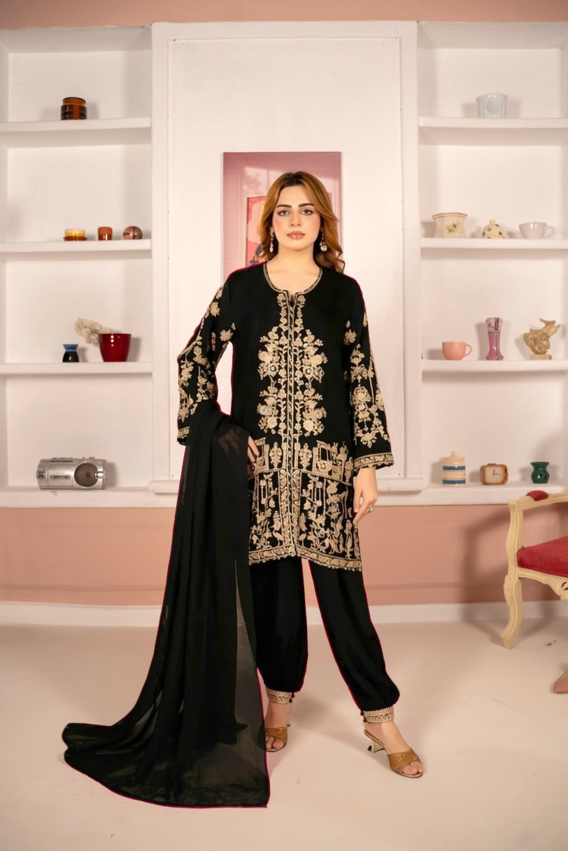 Pink Golden Embroidered 3-Piece Suit