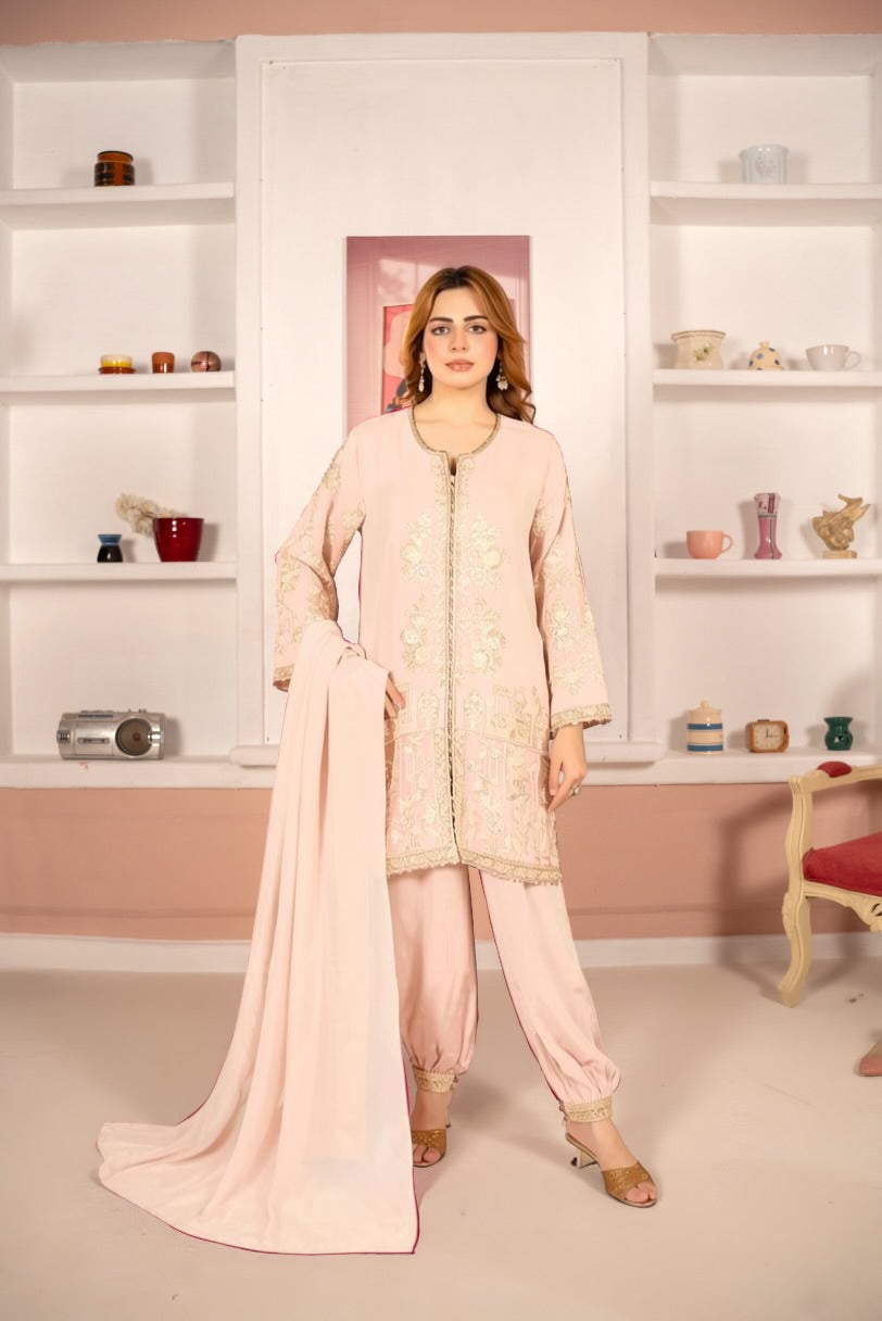 Pink Golden Embroidered 3-Piece Suit