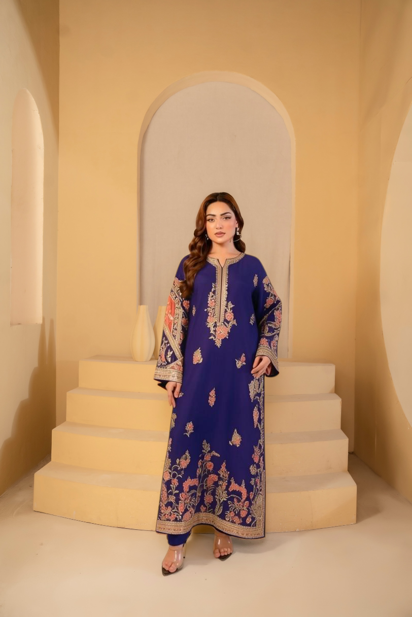 Beige Floral Embroidered Kaftan