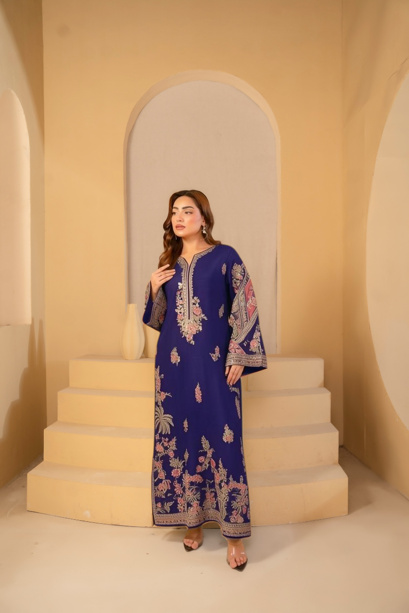 Beige Floral Embroidered Kaftan